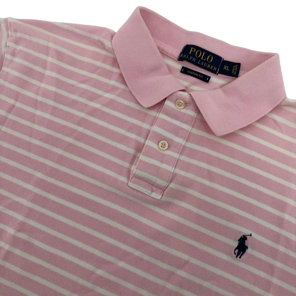 Polo Ralph Lauren Polo Shirt Mens XL Pink White Striped‎ Custom Fit Short Sleeve